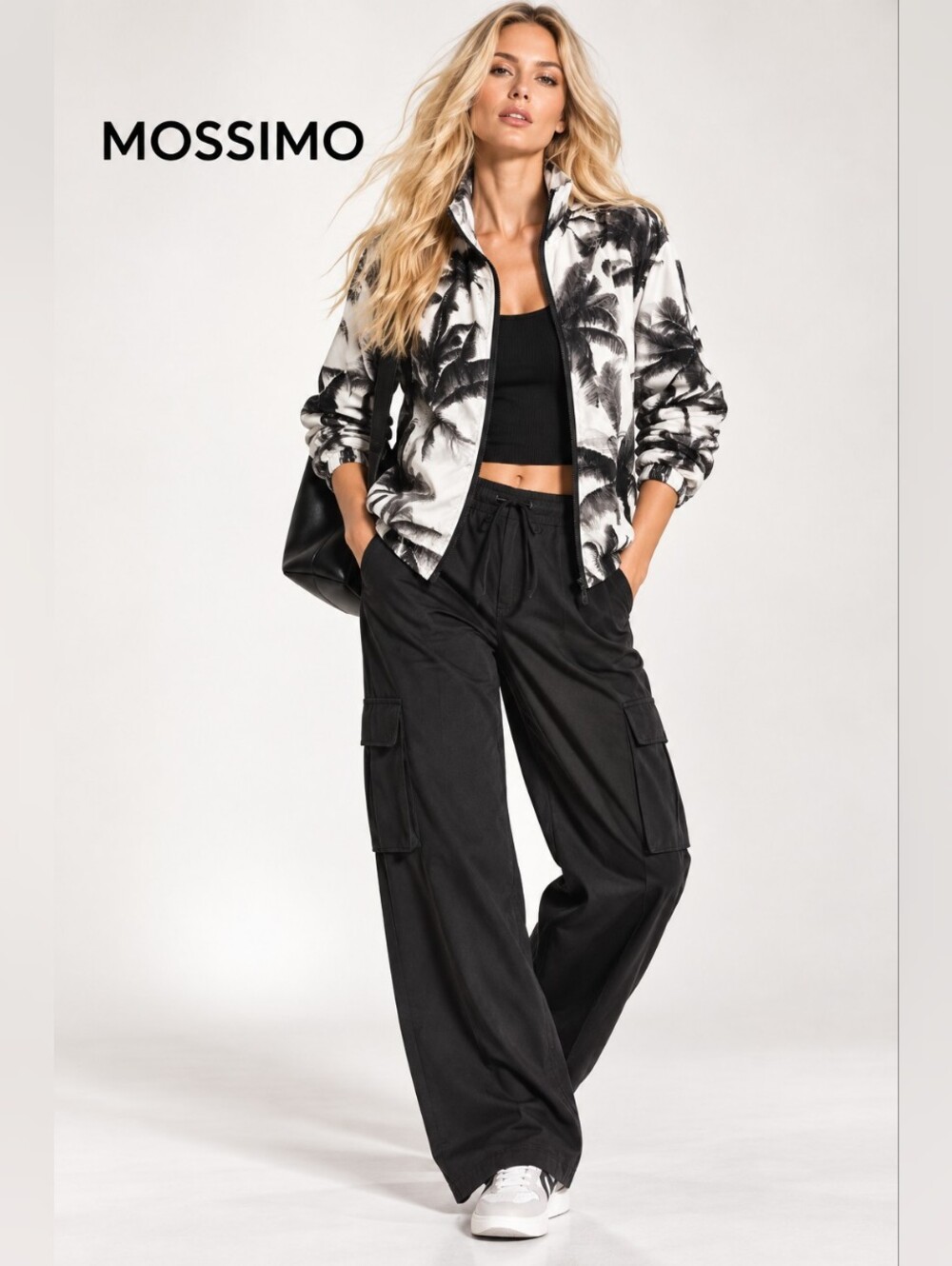 Mossimo Black White Palm Tree Print Hooded Windbreaker Jacket Large